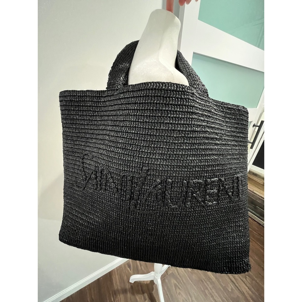 Saint Laurent Rive Gauche Crochet Raffia Tote Bag Black Embroidered Logo